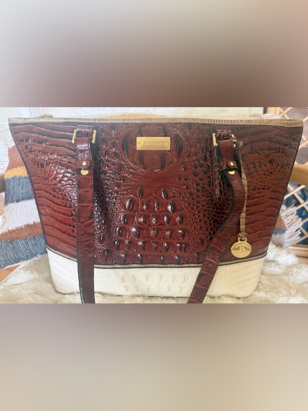 Brahmin Asher Tote Pecan Cream Croc Embossed Leather Bag VGUC - Picture 2 of 16